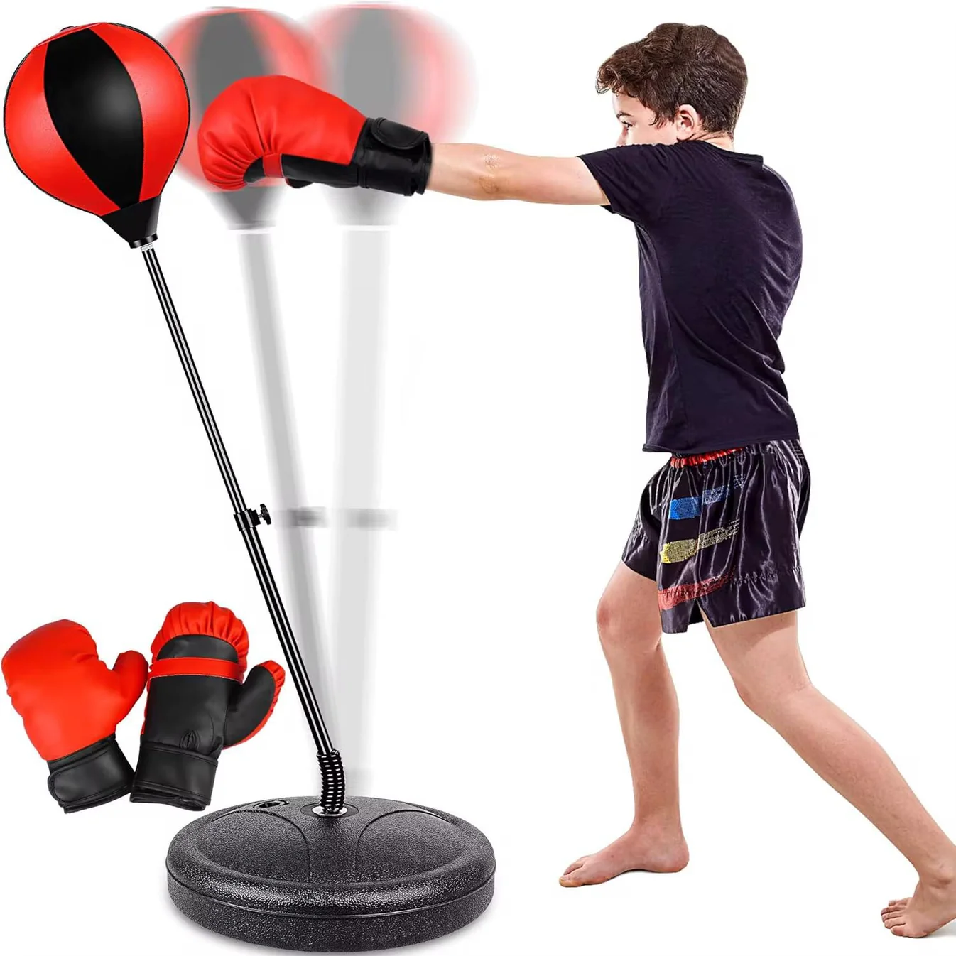 Adjustable Height Kids Boxing Punching Bag Set with Gloves, Fillable Base Freestanding Reflex Punch Ball for Children Fitness Stress Relief Training
