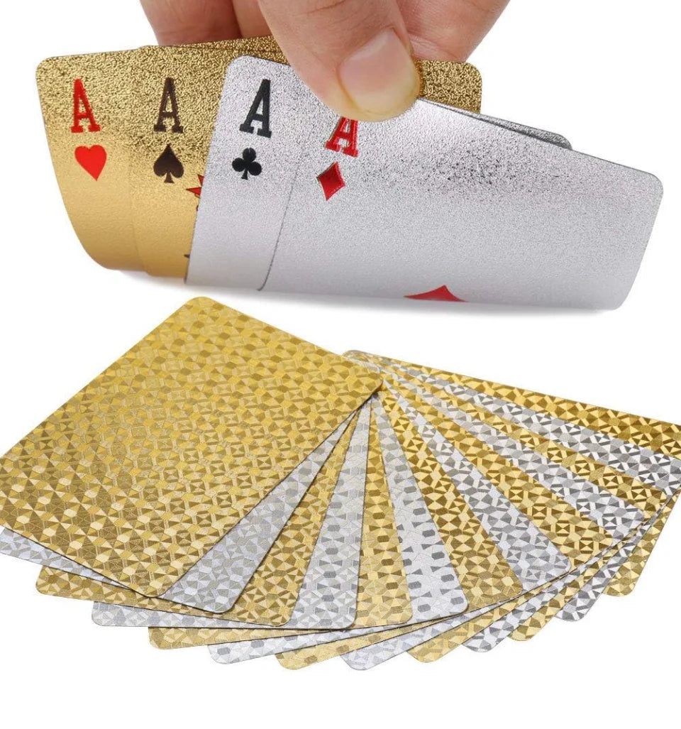 Joyoldelf 2 Decks of Playing Cards, 24K Foil Waterproof Poker – Classic Magic Tricks Tool for Party and Game (Gold+Silver)