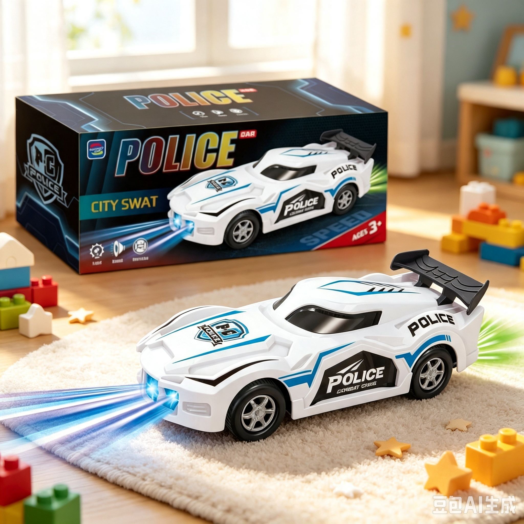 Electric Police Car Toy for Kids 3+, Bump & Go Automatic Driving Vehicle with Flashing Light Realistic Sound Effect City SWAT Patrol Toy Car Boys Gift