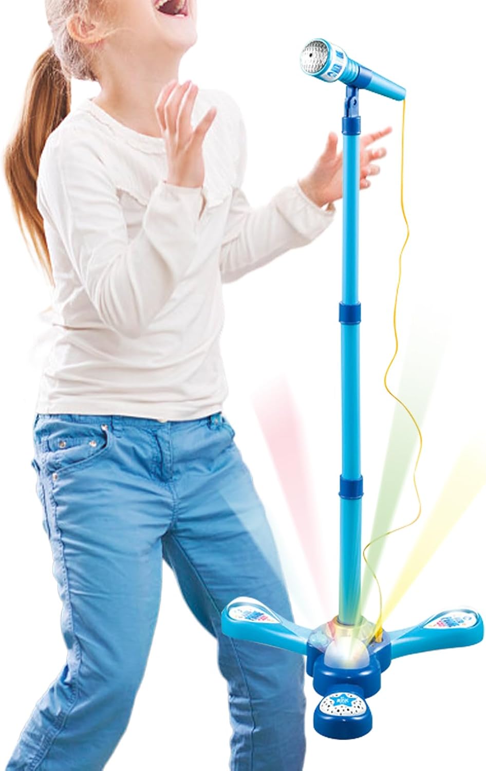 Kids Adjustable Stand Microphone Toy with Flashing Light & Built‑in Demo Songs, Height 40‑80cm Musical Karaoke Machine Educational Singing Toy Gift for Children Over 3 Years Old