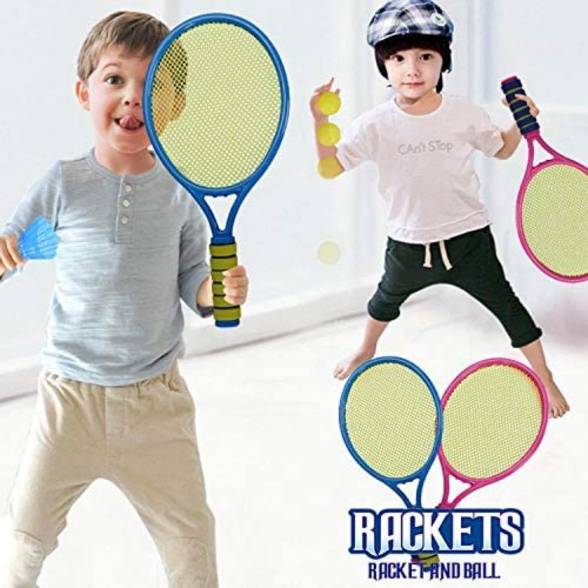 Set for kids with 2 Rackets and 2 Balls Garden Tennis Ball Set for Family Outdoor Game, Light Weight and Smooth Edges with foam grid, Ideal for Kids Age 3 and up