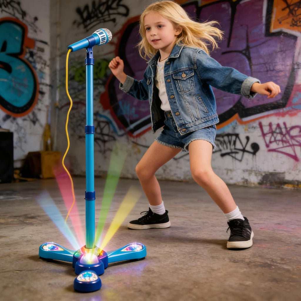 Kids Adjustable Stand Microphone Toy with Flashing Light & Built‑in Demo Songs, Height 40‑80cm Musical Karaoke Machine Educational Singing Toy Gift for Children Over 3 Years Old