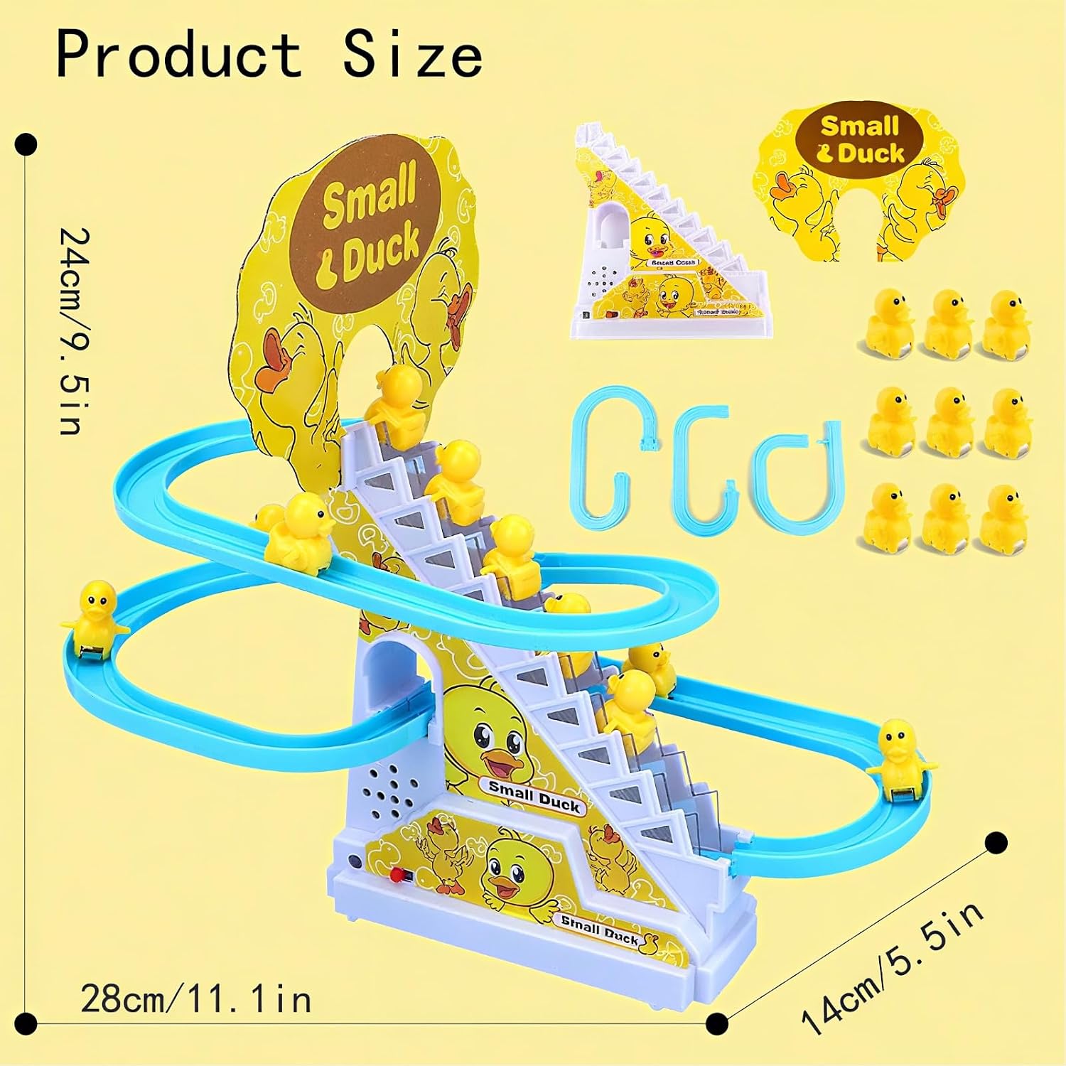 Electric Small Duck Climbing Stairs Track Toy with Music & Light, Automatic Sliding Roller Coaster Educational Interactive Playset Gift for Toddler Kids