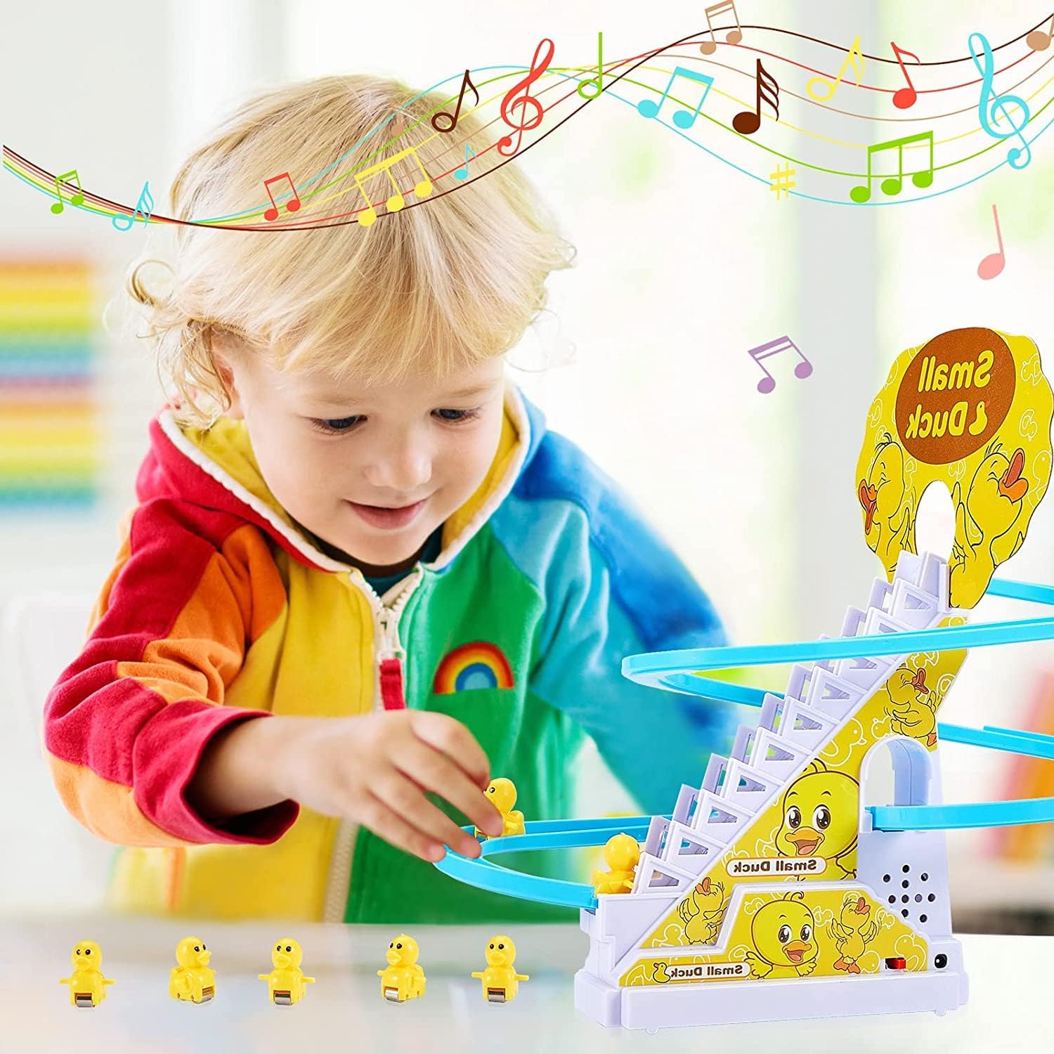 Electric Small Duck Climbing Stairs Track Toy with Music & Light, Automatic Sliding Roller Coaster Educational Interactive Playset Gift for Toddler Kids