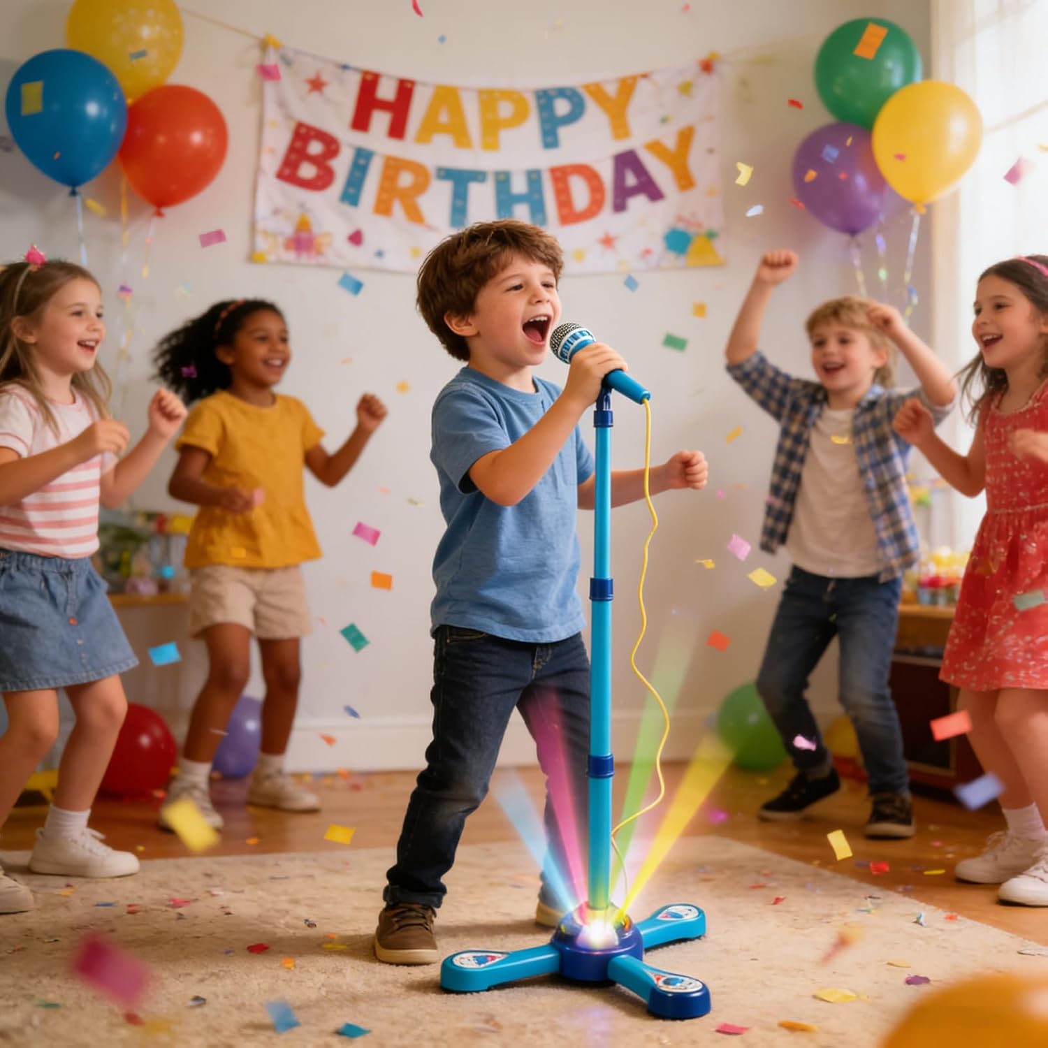 Kids Adjustable Stand Microphone Toy with Flashing Light & Built‑in Demo Songs, Height 40‑80cm Musical Karaoke Machine Educational Singing Toy Gift for Children Over 3 Years Old