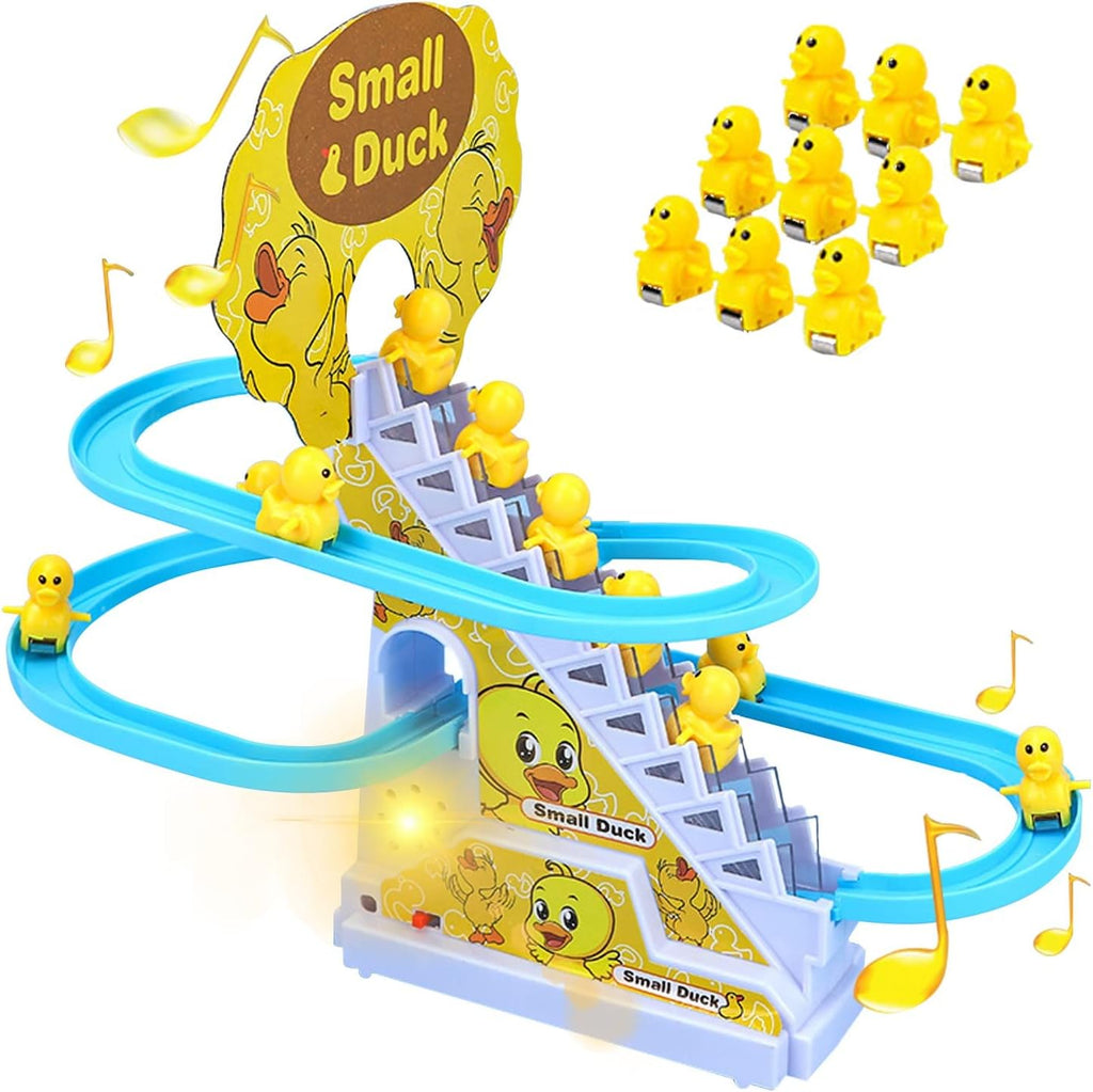 Electric Small Duck Climbing Stairs Track Toy with Music & Light, Automatic Sliding Roller Coaster Educational Interactive Playset Gift for Toddler Kids