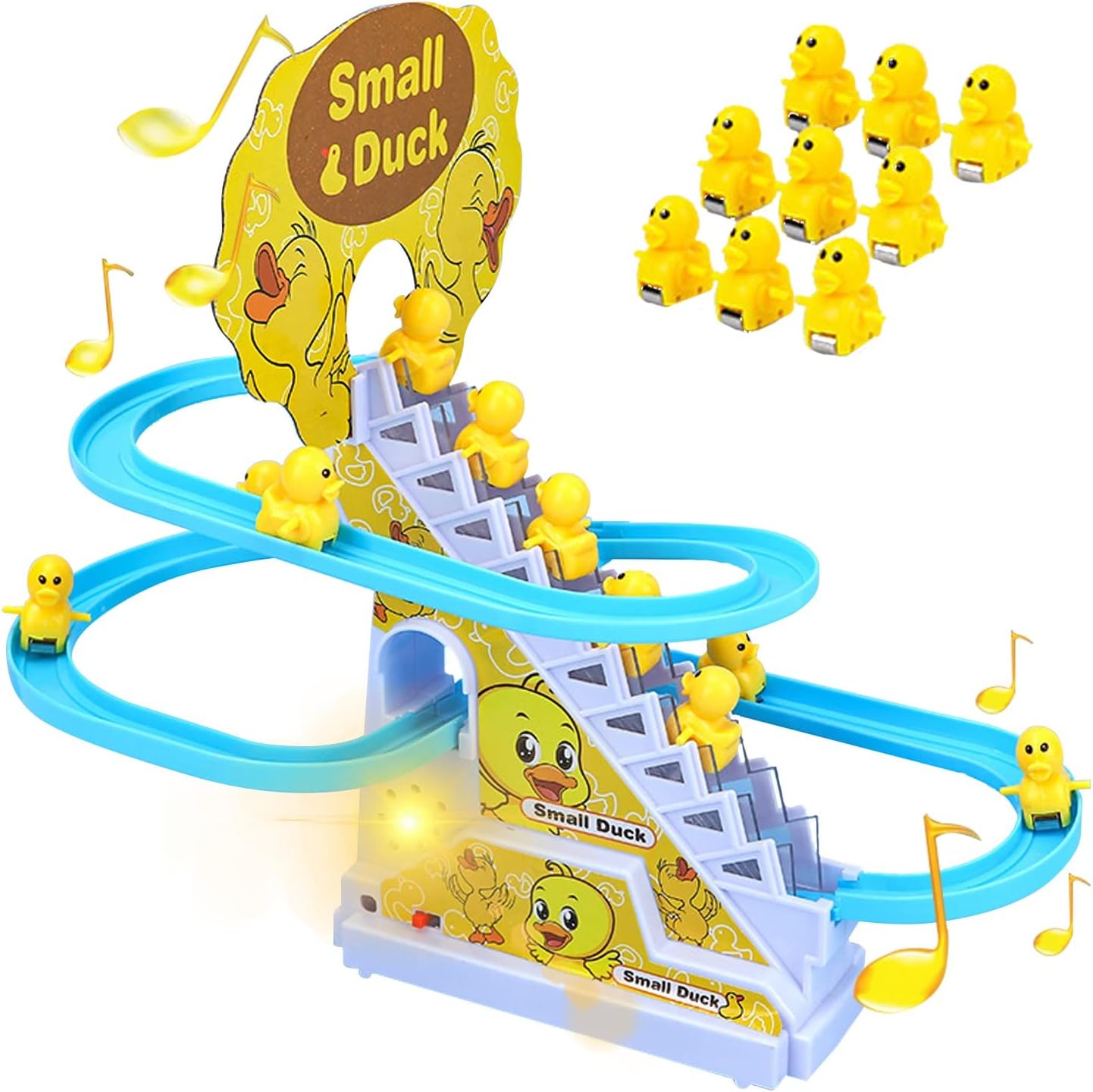 Electric Small Duck Climbing Stairs Track Toy with Music & Light, Automatic Sliding Roller Coaster Educational Interactive Playset Gift for Toddler Kids