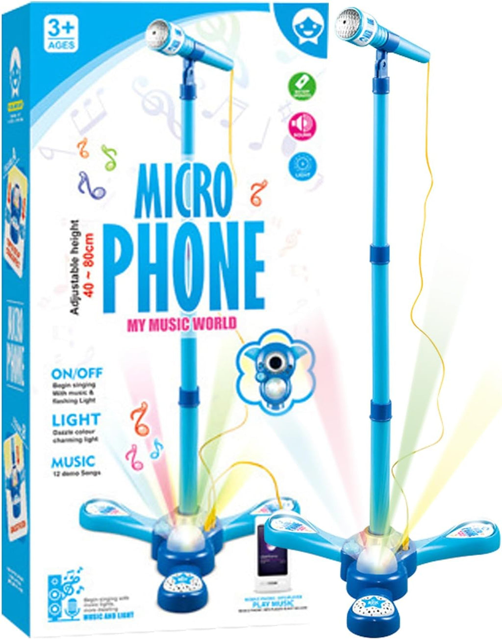 Kids Adjustable Stand Microphone Toy with Flashing Light & Built‑in Demo Songs, Height 40‑80cm Musical Karaoke Machine Educational Singing Toy Gift for Children Over 3 Years Old