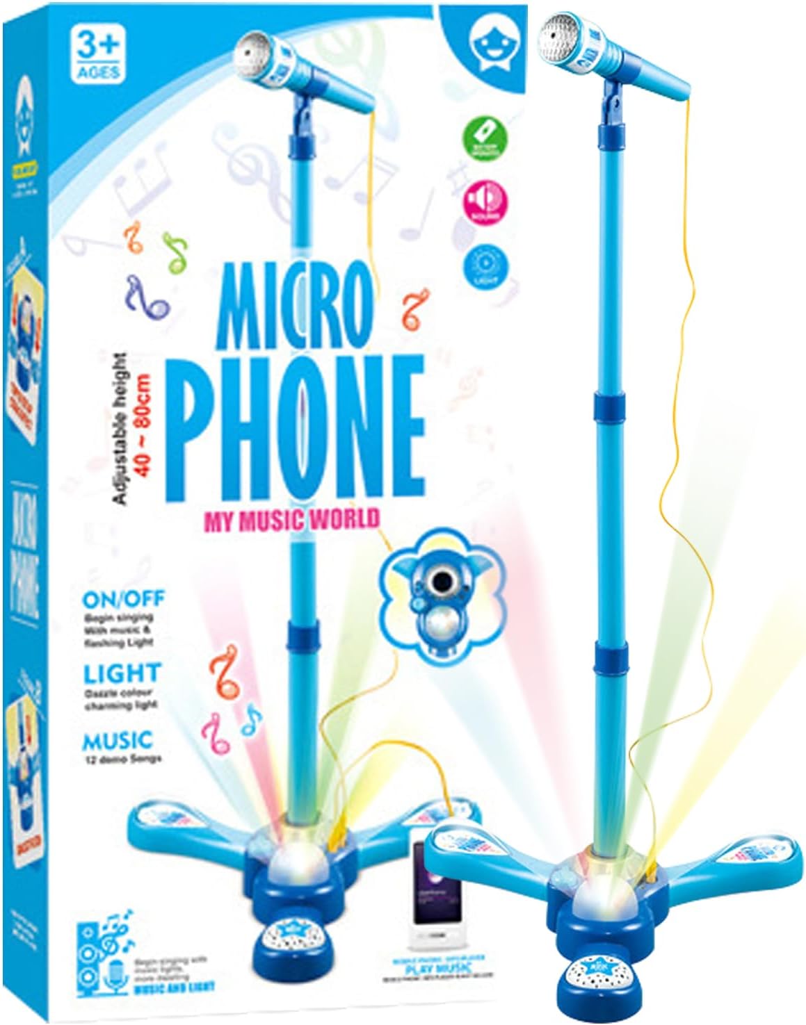 Kids Adjustable Stand Microphone Toy with Flashing Light & Built‑in Demo Songs, Height 40‑80cm Musical Karaoke Machine Educational Singing Toy Gift for Children Over 3 Years Old