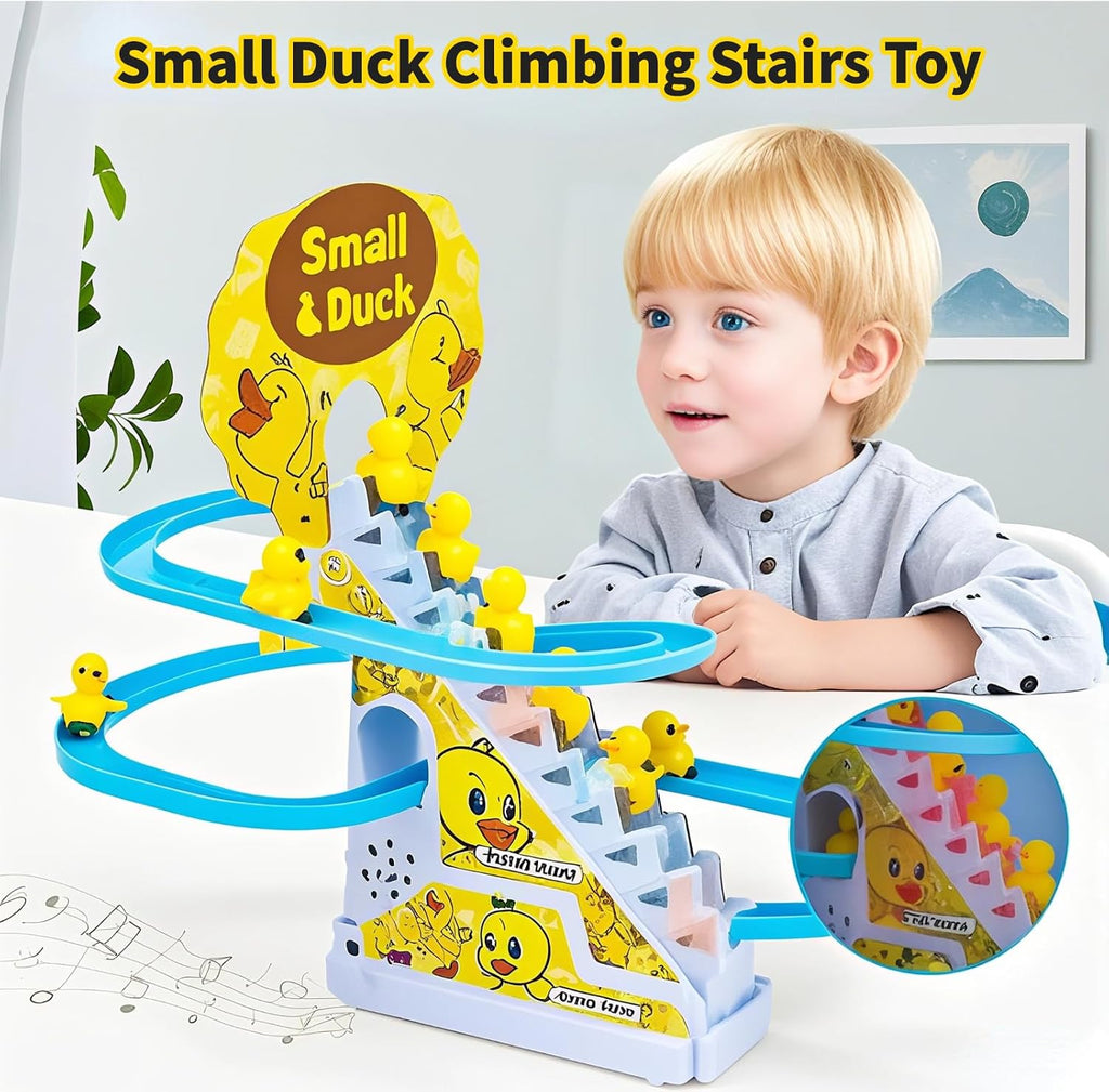 Electric Small Duck Climbing Stairs Track Toy with Music & Light, Automatic Sliding Roller Coaster Educational Interactive Playset Gift for Toddler Kids