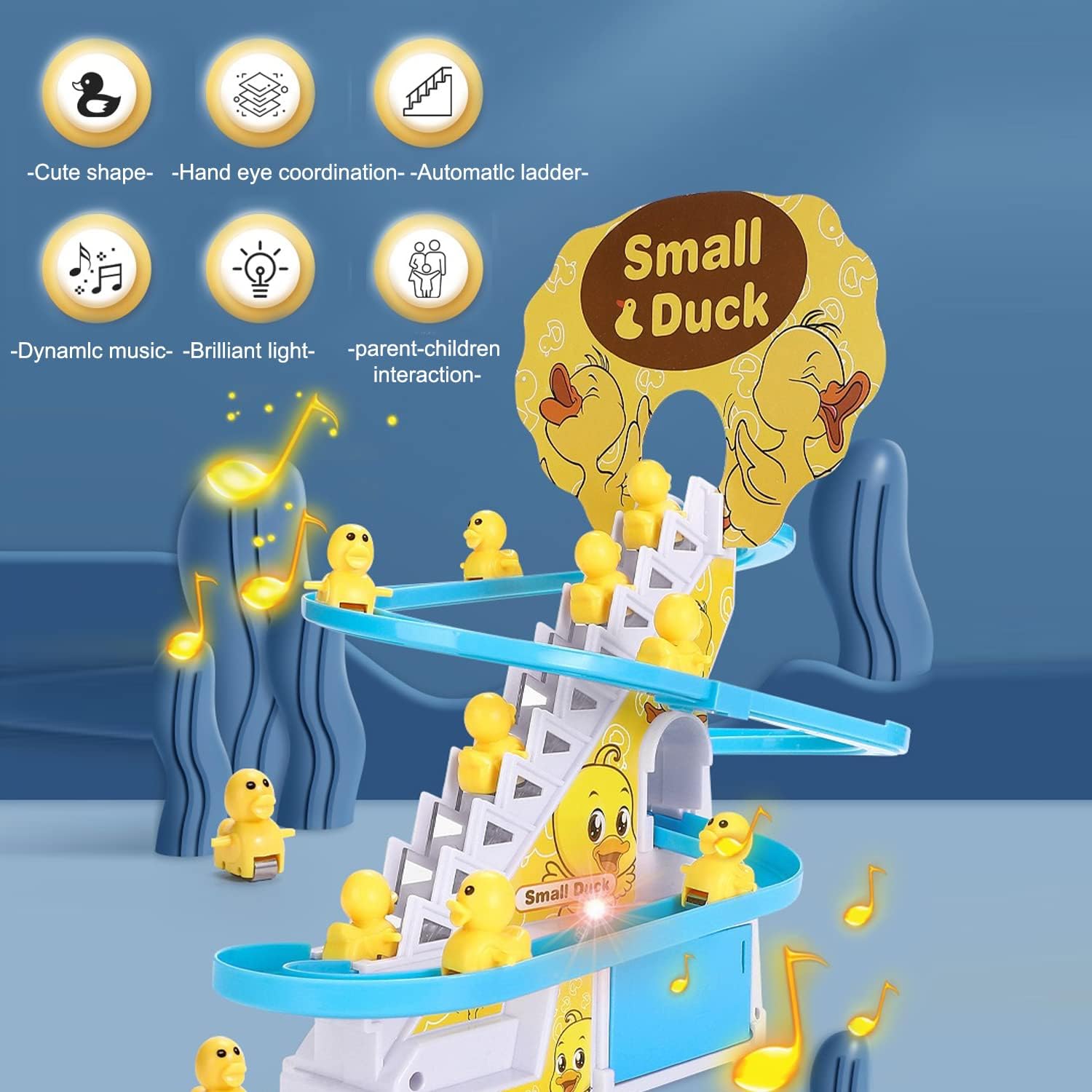 Electric Small Duck Climbing Stairs Track Toy with Music & Light, Automatic Sliding Roller Coaster Educational Interactive Playset Gift for Toddler Kids