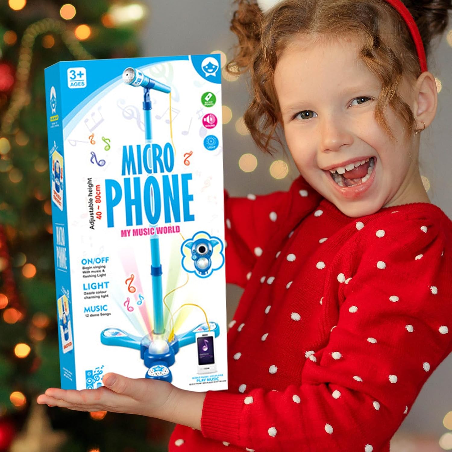 Kids Adjustable Stand Microphone Toy with Flashing Light & Built‑in Demo Songs, Height 40‑80cm Musical Karaoke Machine Educational Singing Toy Gift for Children Over 3 Years Old