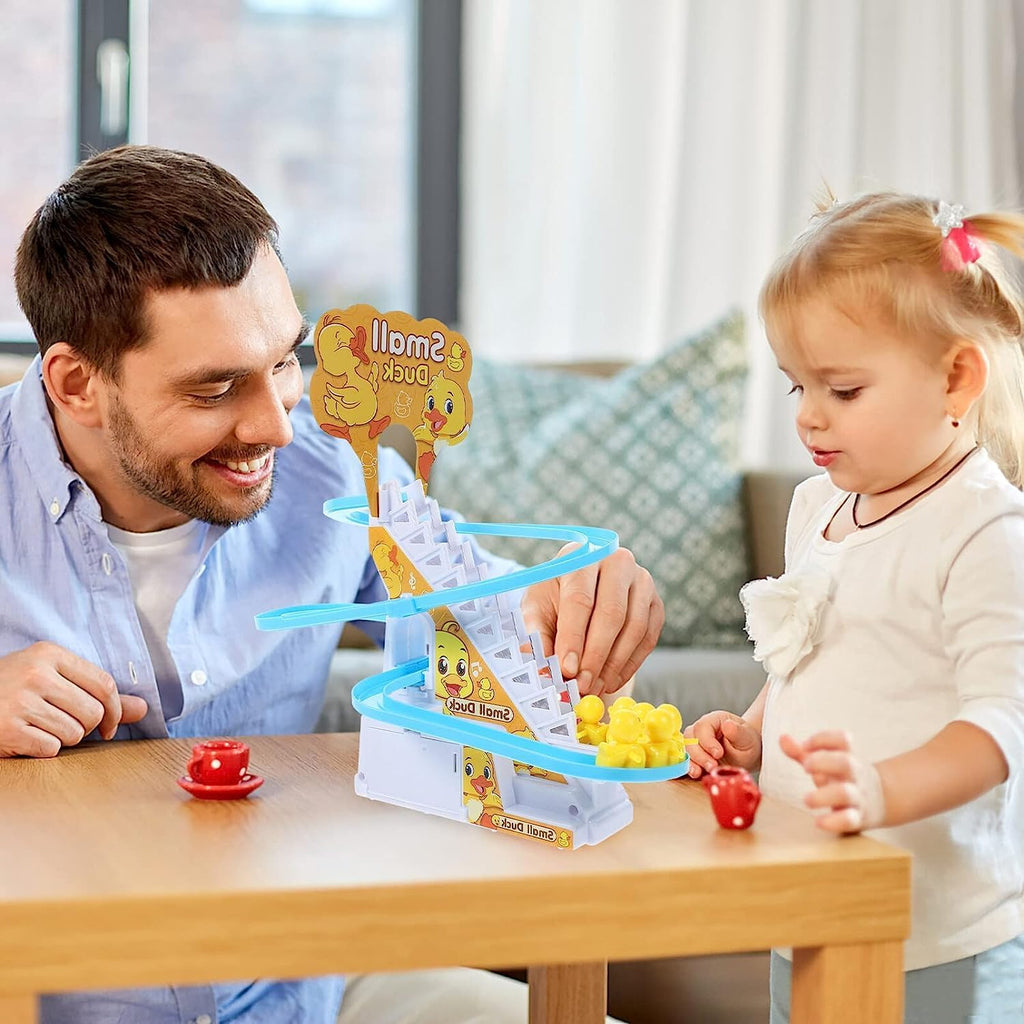 Electric Small Duck Climbing Stairs Track Toy with Music & Light, Automatic Sliding Roller Coaster Educational Interactive Playset Gift for Toddler Kids