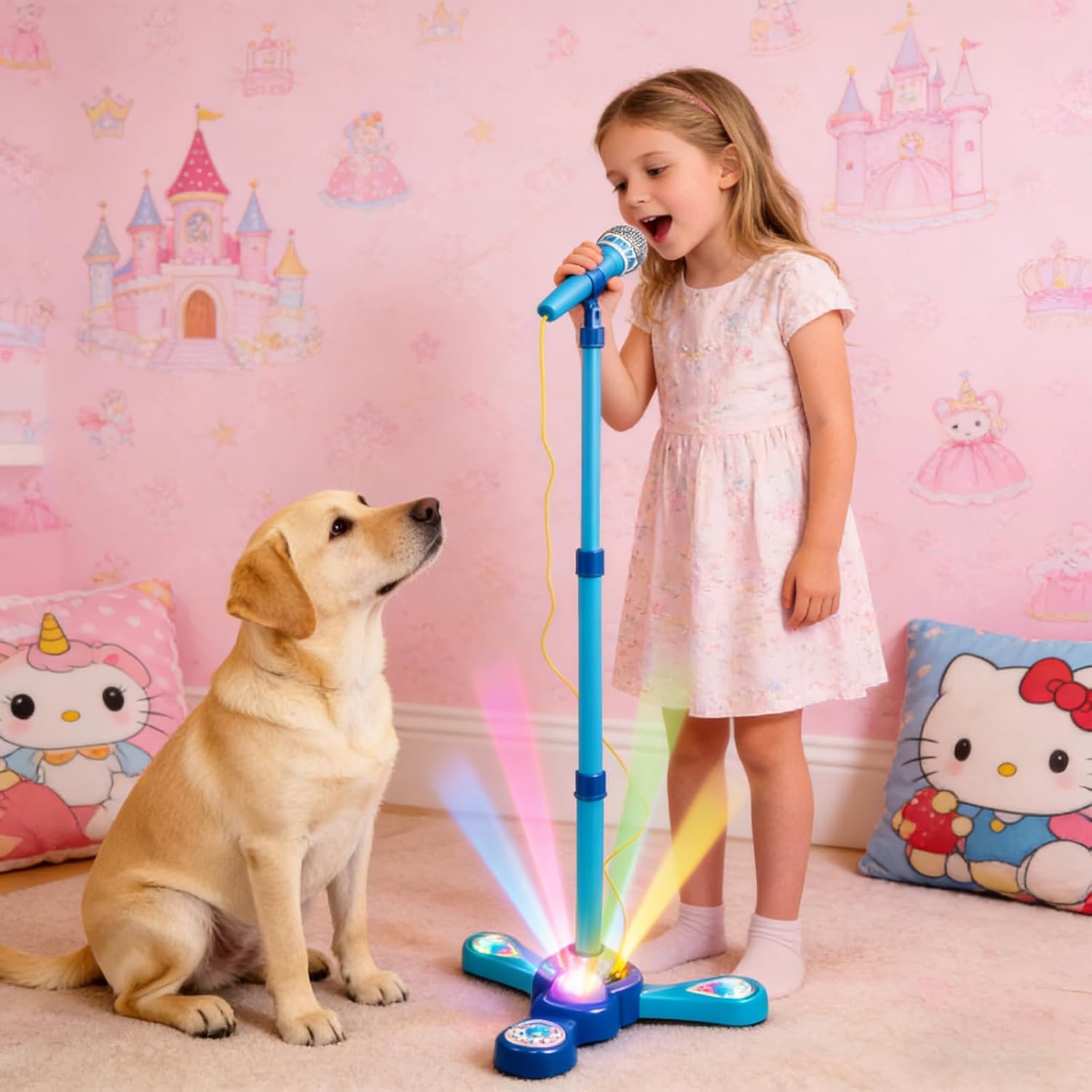 Kids Adjustable Stand Microphone Toy with Flashing Light & Built‑in Demo Songs, Height 40‑80cm Musical Karaoke Machine Educational Singing Toy Gift for Children Over 3 Years Old