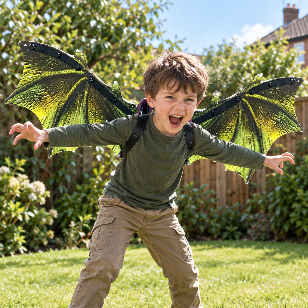 Child playing outdoors wearing green dinosaur wings for imaginative adventure