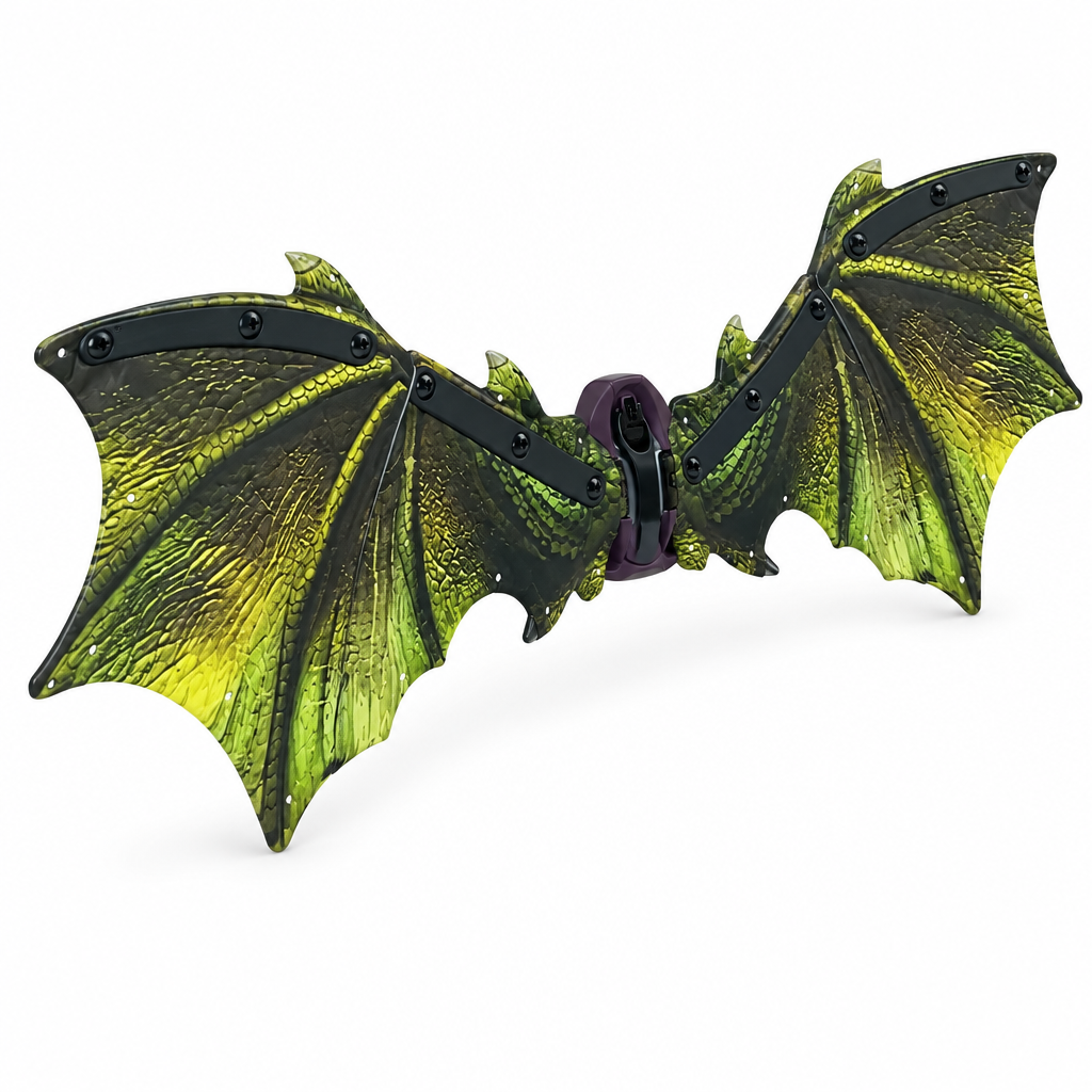 Child wearing green dinosaur dragon wings for imaginative dress-up and pretend play