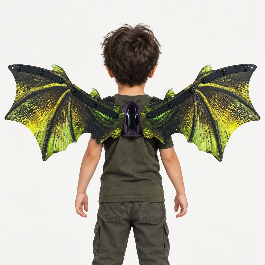 Child wearing green dinosaur wings for dragon costume and fantasy role play