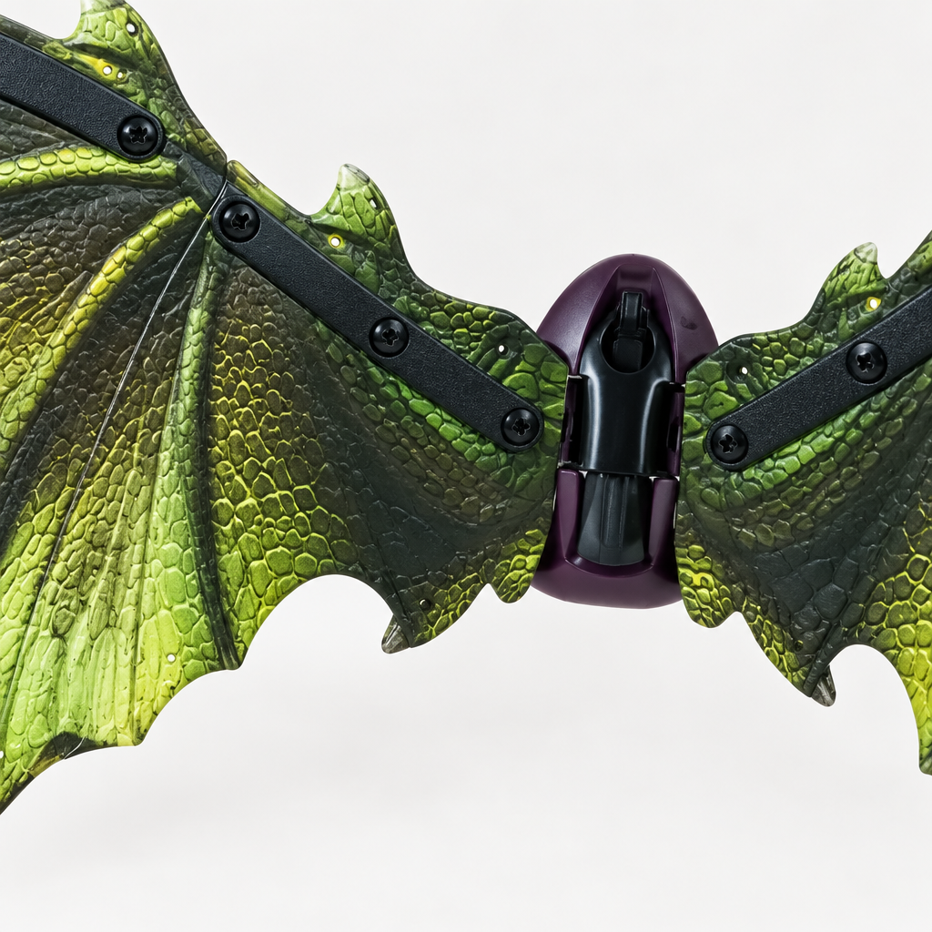 Close-up of green scaly dinosaur wings with dragon-inspired design for kids
