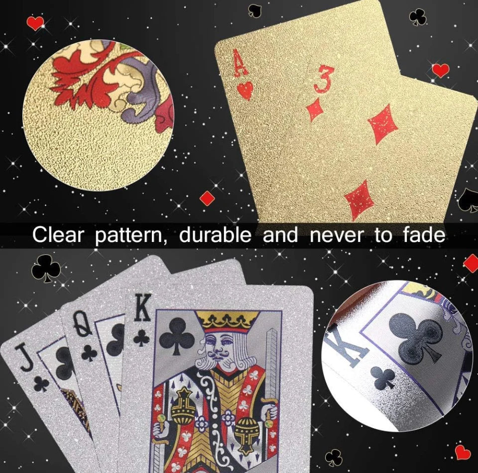 Joyoldelf 2 Decks of Playing Cards, 24K Foil Waterproof Poker – Classic Magic Tricks Tool for Party and Game (Gold+Silver)