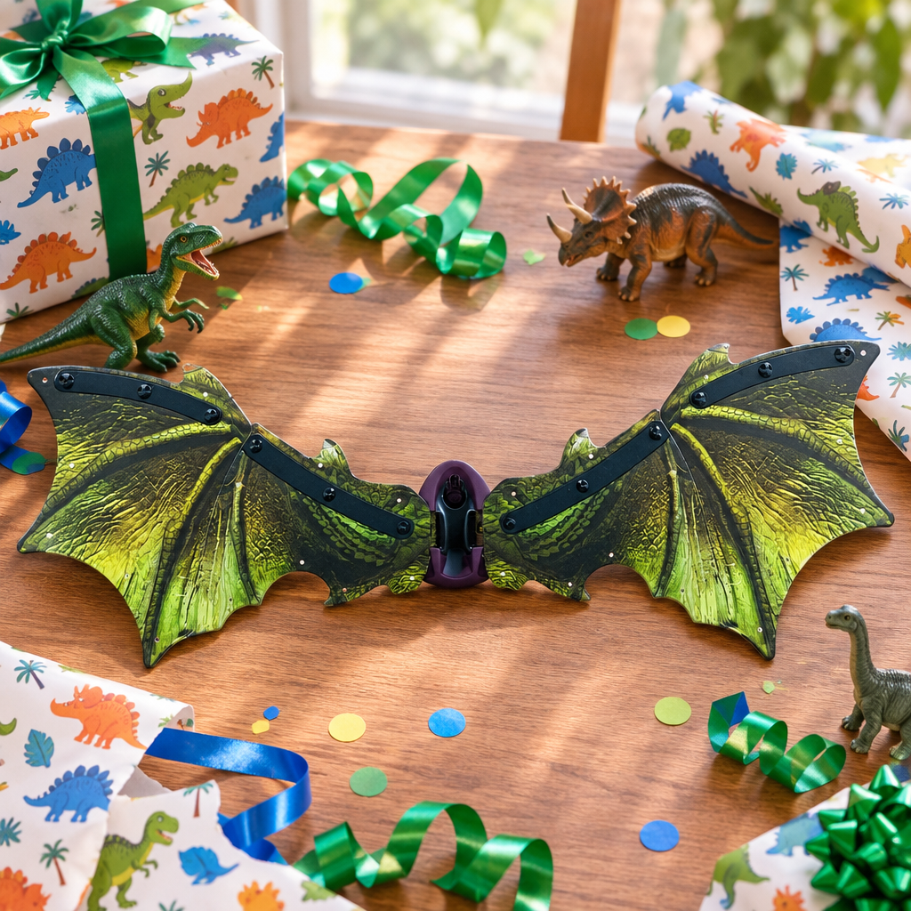 Green dinosaur wings for kids in colourful gift box, dinosaur dress-up gift age 3+