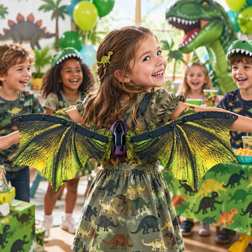 Kids wearing dinosaur wings for dinosaur-themed birthday party dress-up