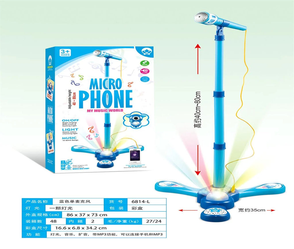 Kids Adjustable Stand Microphone Toy with Flashing Light & Built‑in Demo Songs, Height 40‑80cm Musical Karaoke Machine Educational Singing Toy Gift for Children Over 3 Years Old