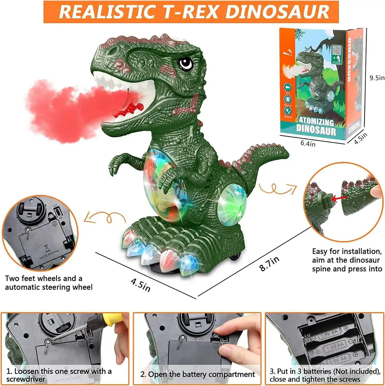 Electric Spray Tyrannosaurus Rex Toy with Mist Spray Effect, Colorful Flashing Lights & Music, Universal Walking Dinosaur Interactive Educational Toy Gift for Kids