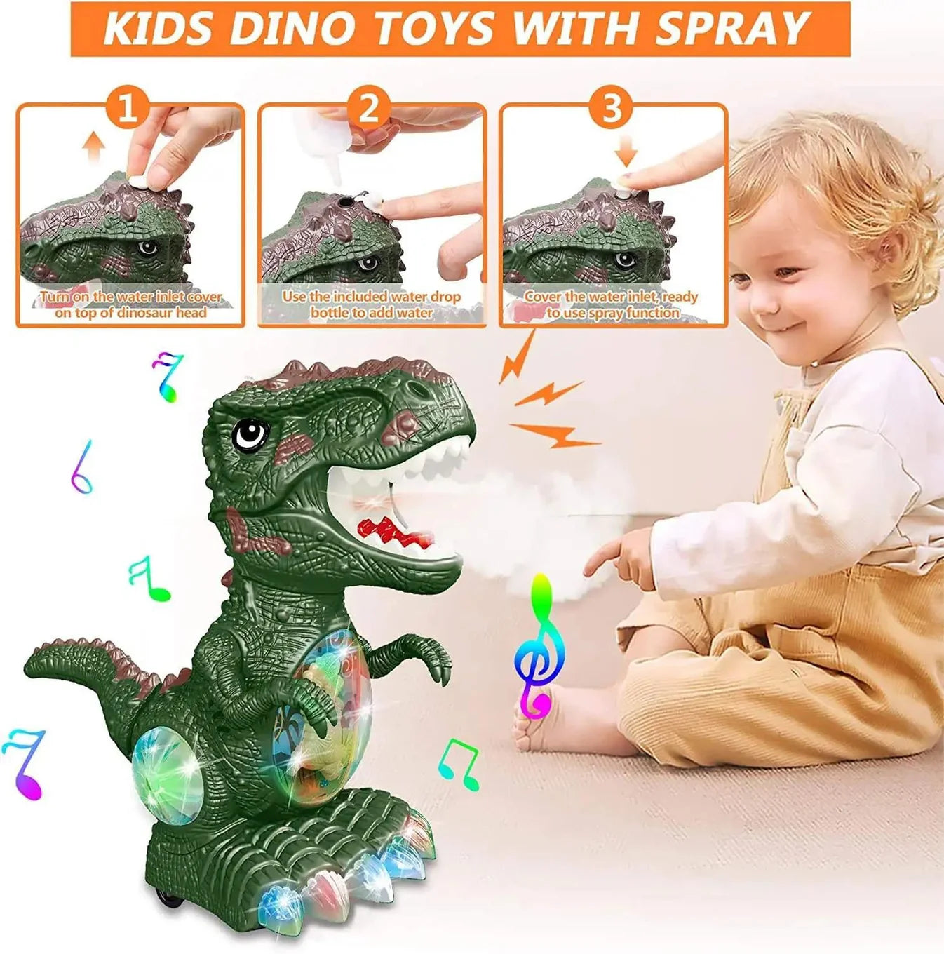 Electric Spray Tyrannosaurus Rex Toy with Mist Spray Effect, Colorful Flashing Lights & Music, Universal Walking Dinosaur Interactive Educational Toy Gift for Kids
