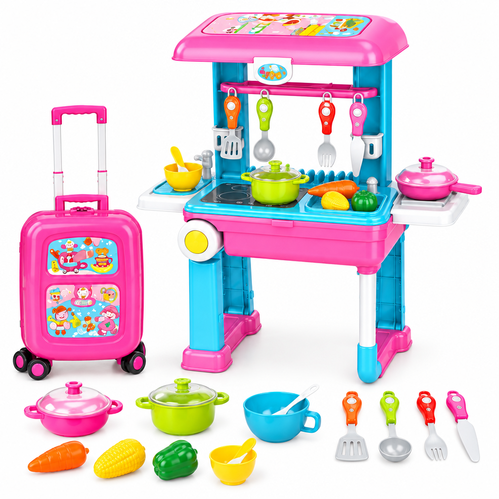 Happy Chef 2-in-1 Kids Kitchen Playset with Trolley Suitcase | Pretend Cooking Toy | Age 3+