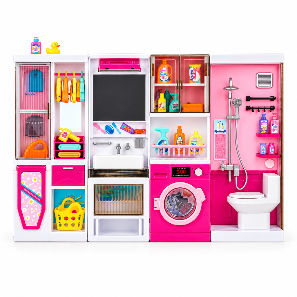 My Happy Home Bathroom & Laundry Playset – 3-Section Dollhouse with Lights & Sounds | Age 3+
