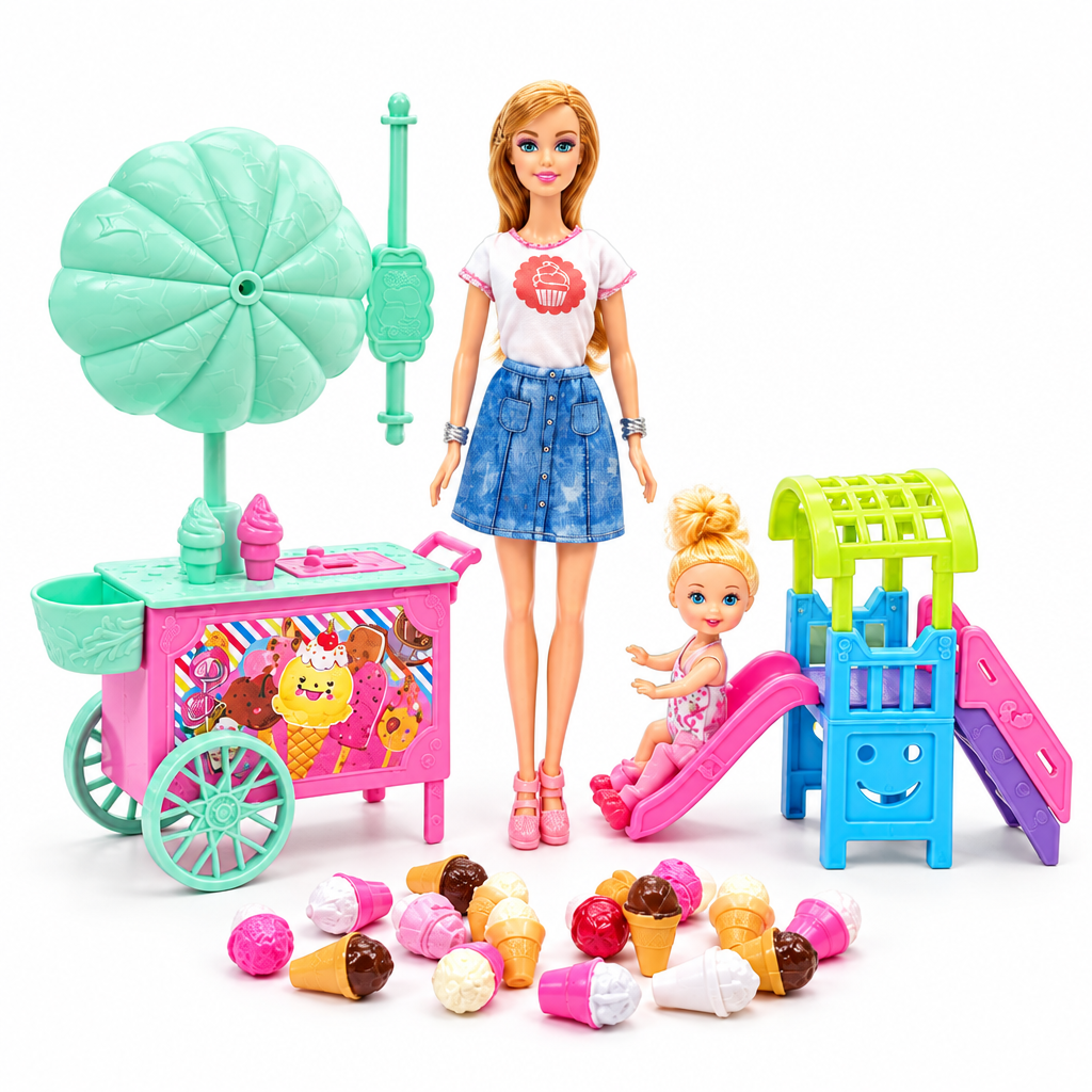 Ice Cream Cart Doll Playset with 2 Dolls, Baby Slide & Accessories | Age 3+