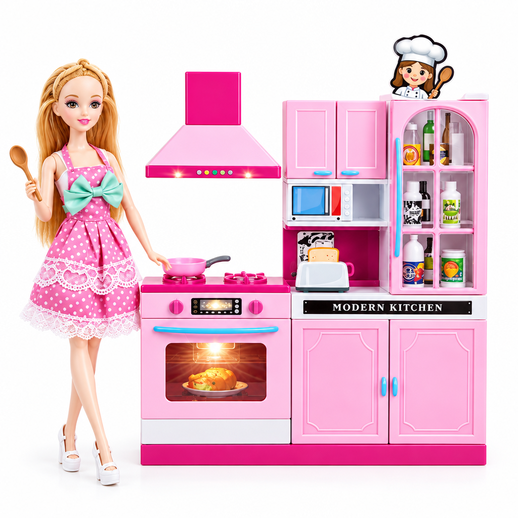 Kids Cooking Doll Kitchen Playset with Lights & Sounds | Fashion Doll & Mini Kitchen | Age 3+