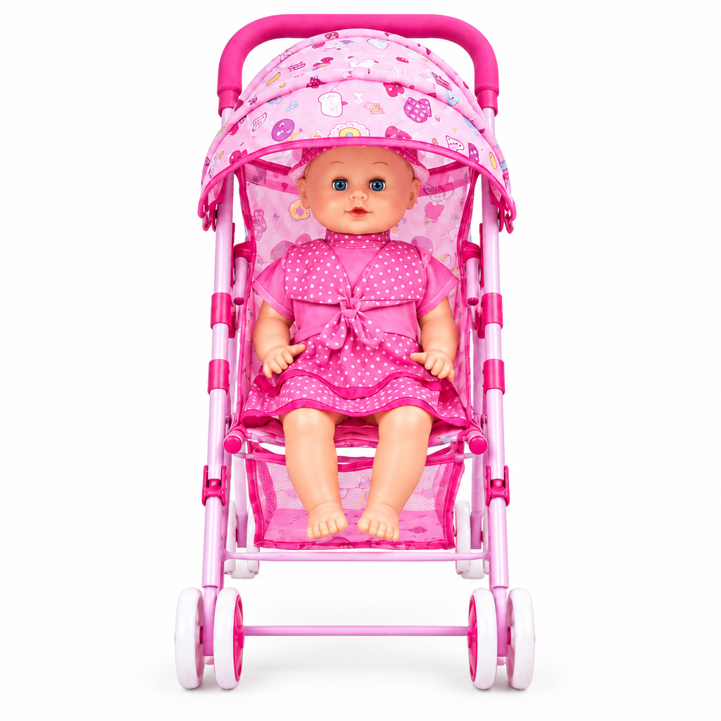 Kids Doll Pram with Baby Doll & Canopy – Foldable Pushchair | Pink or Blue | Age 3+