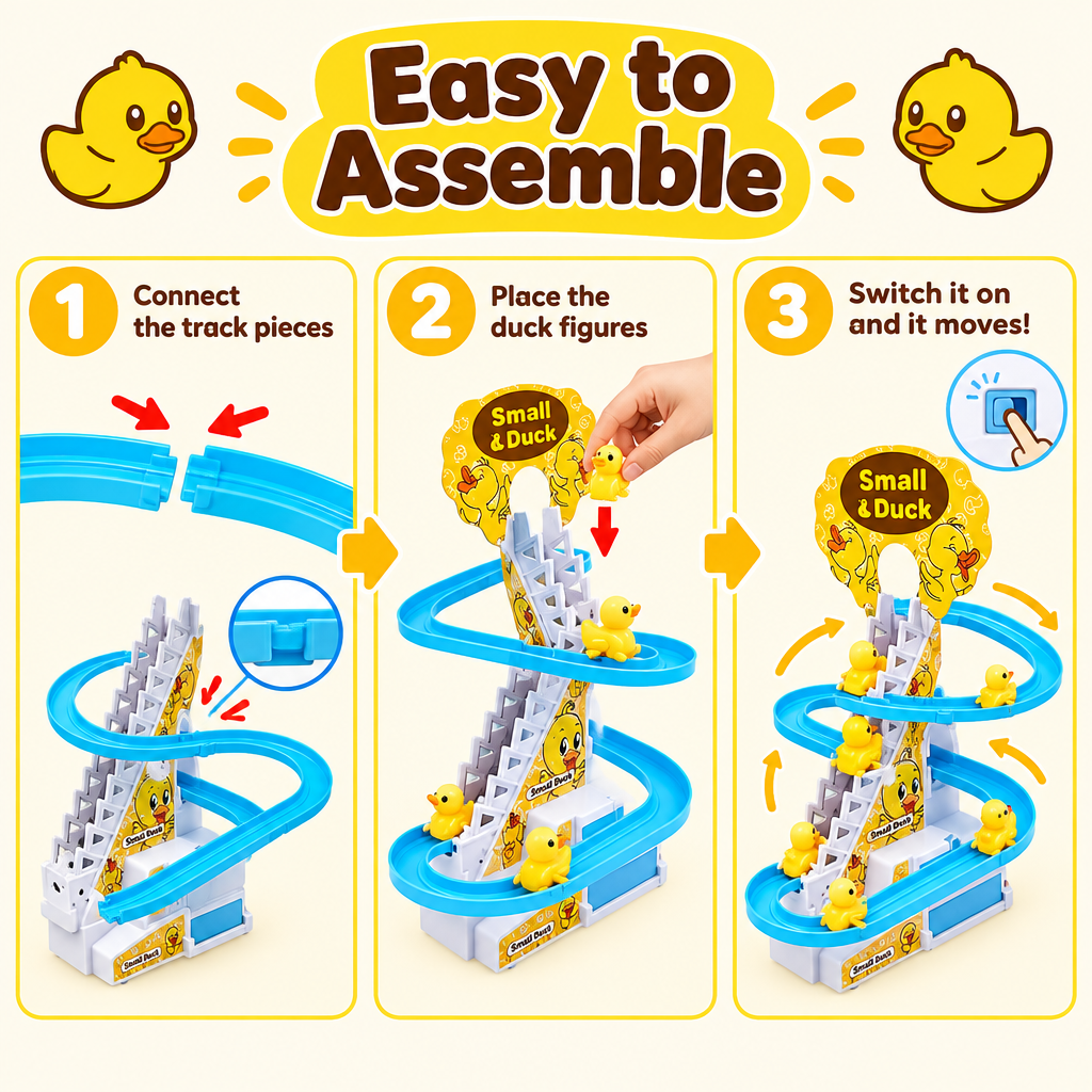 Three step assembly guide for duck climbing stairs toy