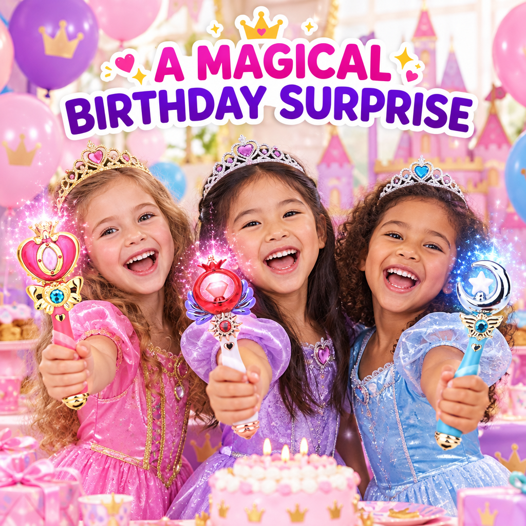 Children at princess birthday party with magic wands