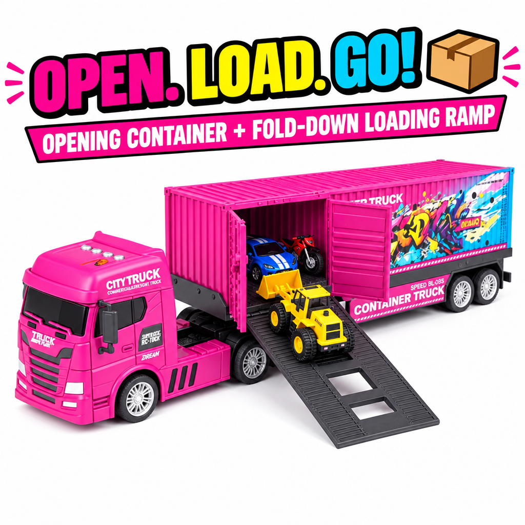 Pink container truck opening container and loading ramp