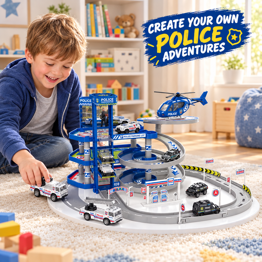 Child creating police missions and pretend play with the parking garage playset