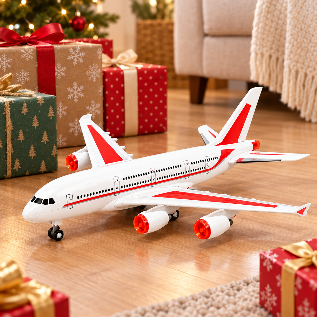 Red and white RC aeroplane displayed with wrapped gifts for a birthday or Christmas