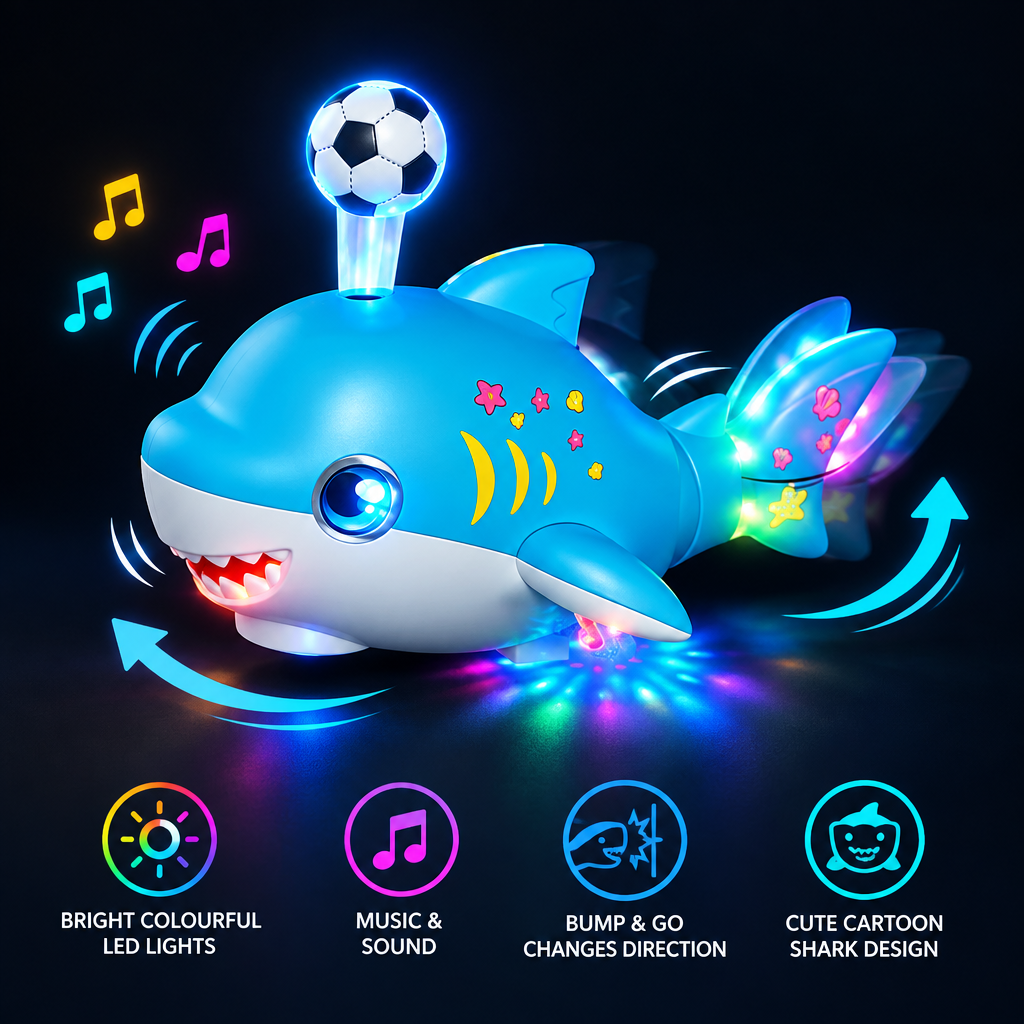 Shark toy with colourful lights music and bump and go movement