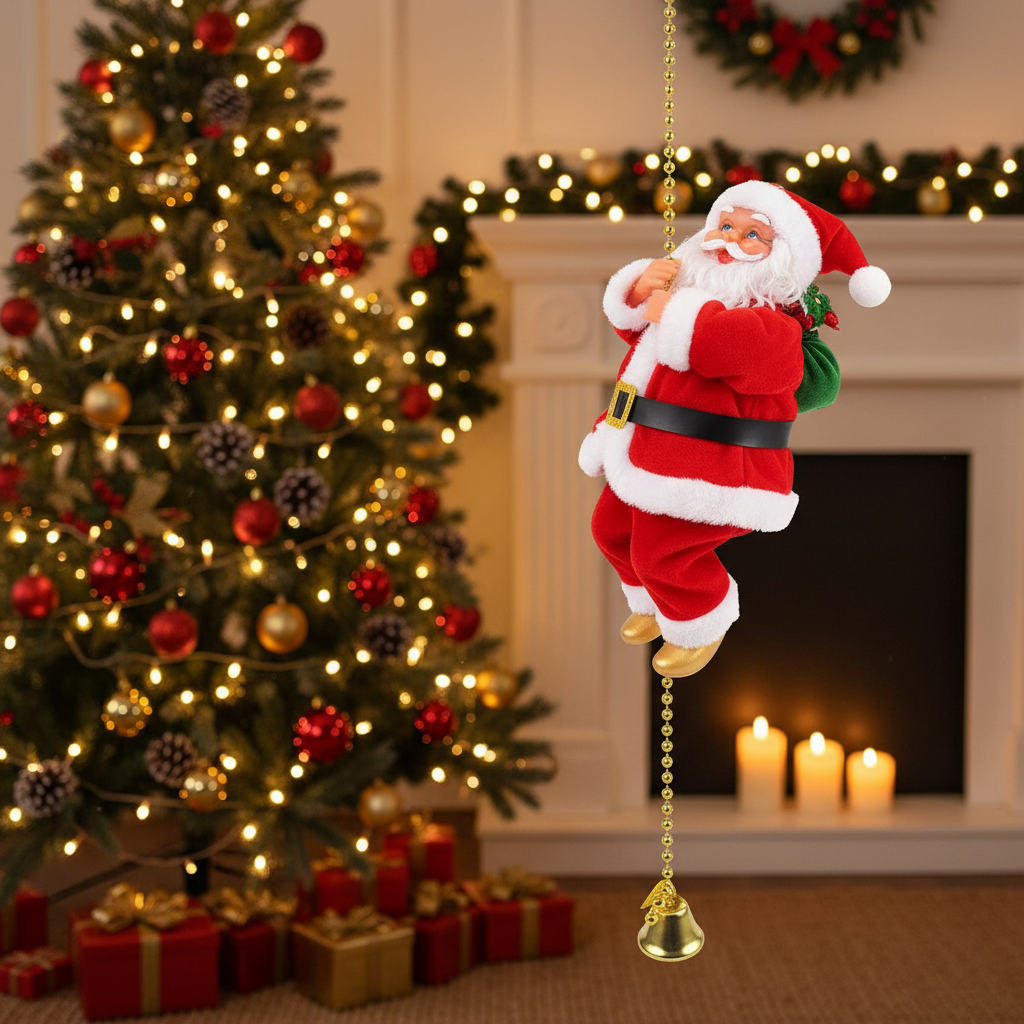 Santa climbing beads Christmas decoration hanging beside a decorated Christmas tree