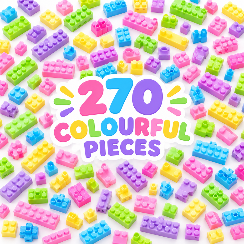 270 colourful building blocks laid out flat