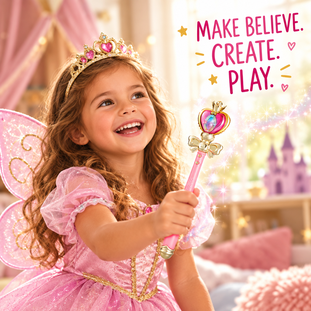 Child in princess costume playing with magic wand