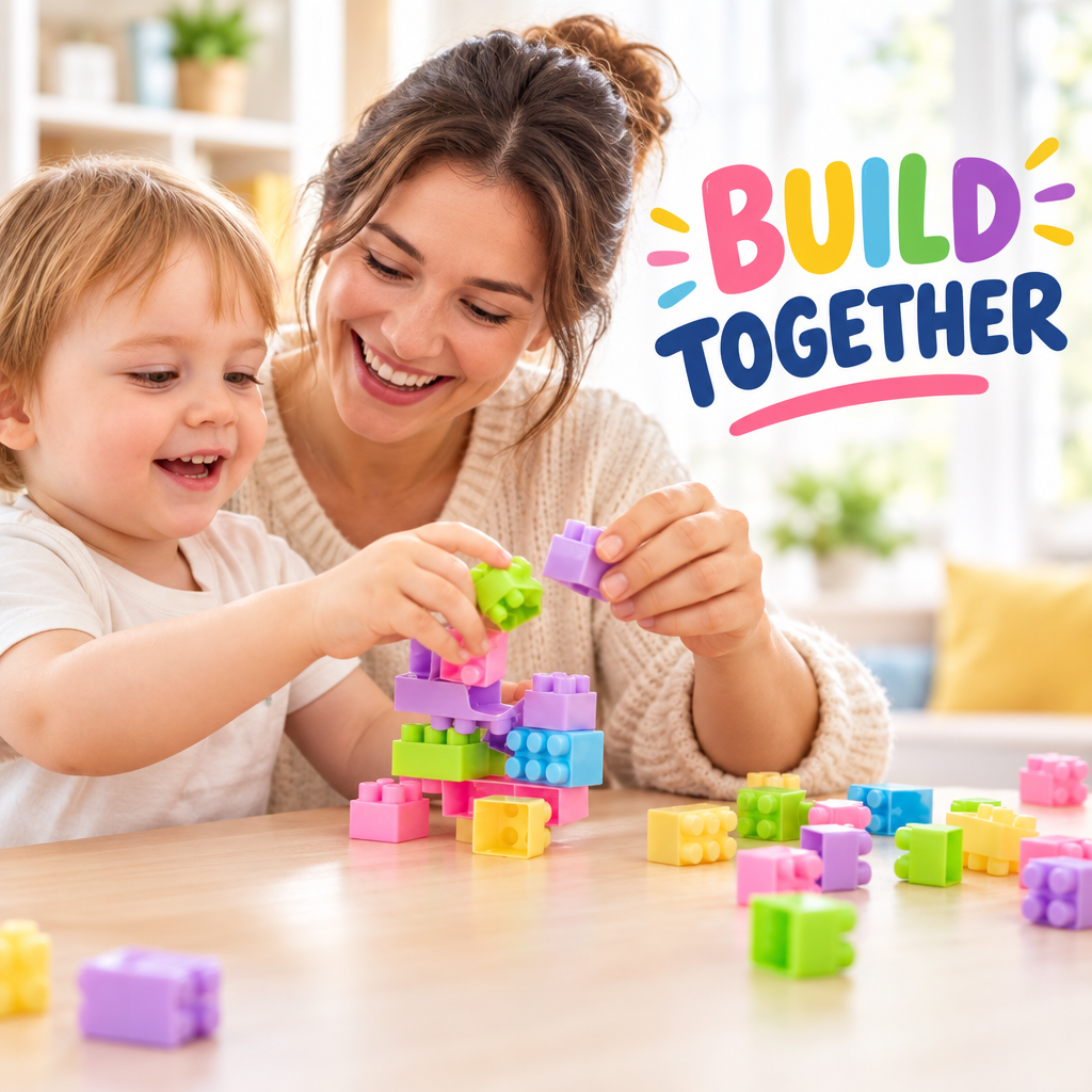 Parent and child building together with blocks