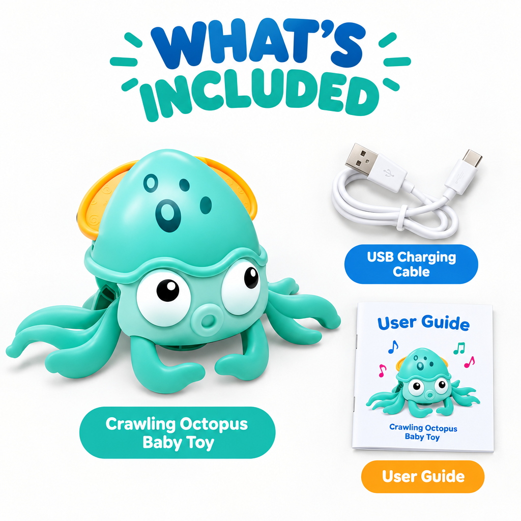 Crawling octopus baby toy box contents: octopus, USB cable and user guide