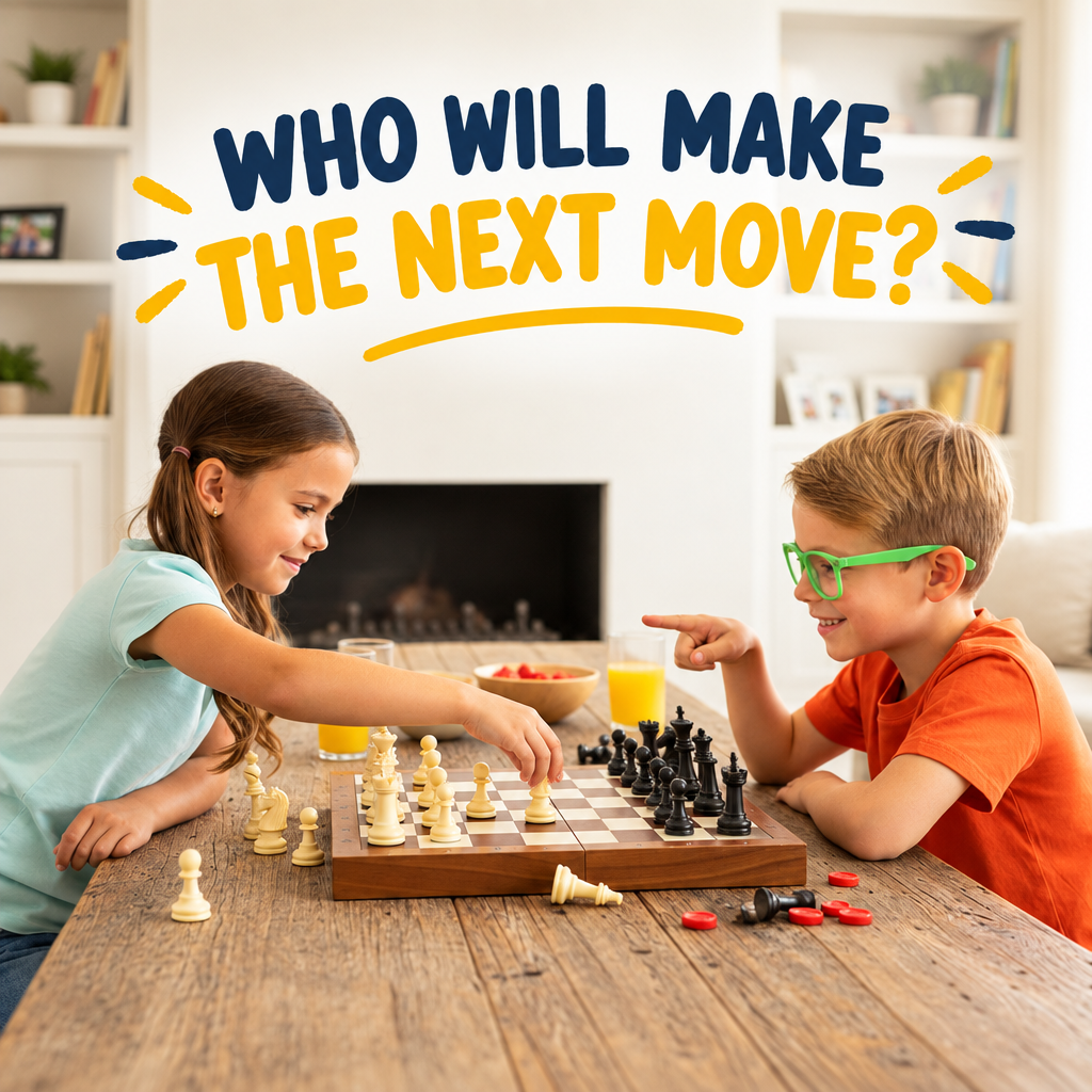Family playing Chess and Draughts board game together