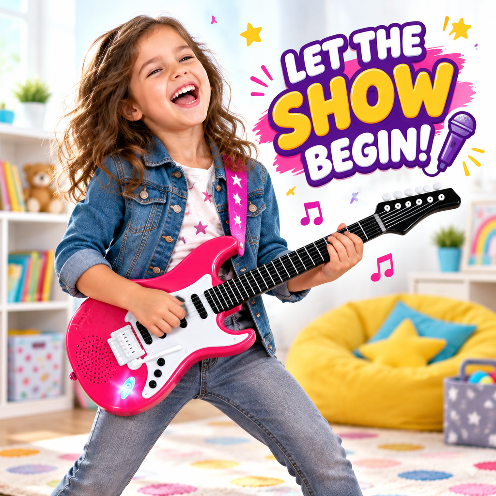 Child playing with a light-up musical guitar toy