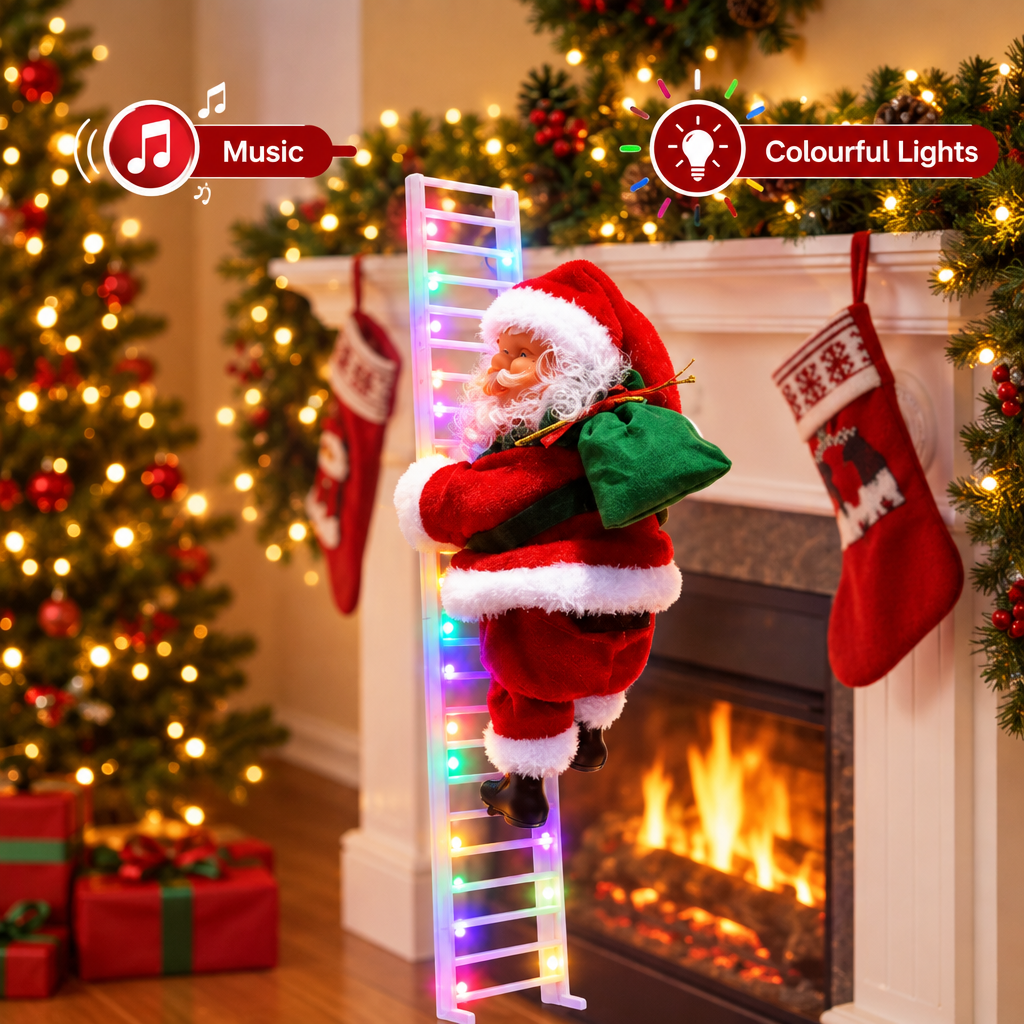Music and colourful lights on the electric climbing Santa Christmas decoration