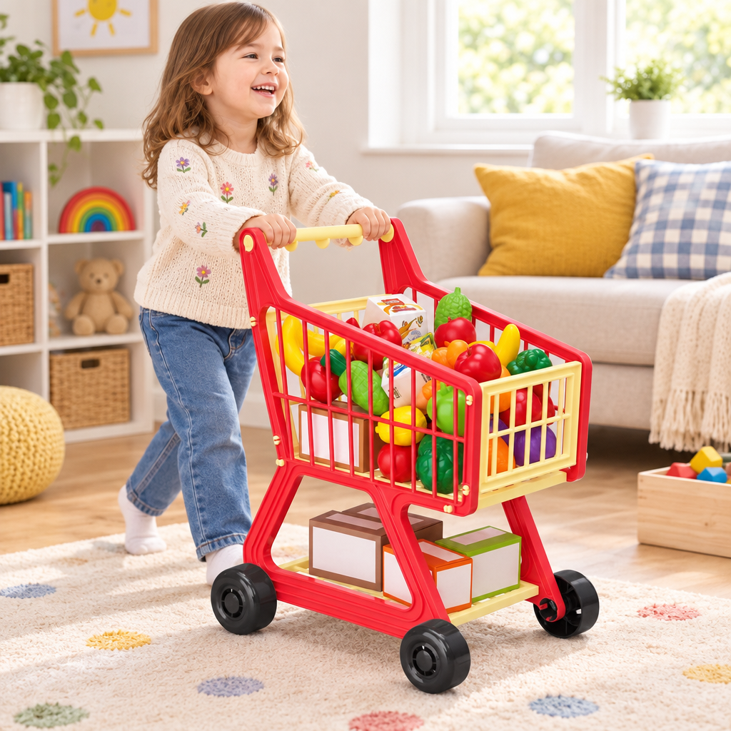 Child playing with kids supermarket shopping trolley and pretend groceries