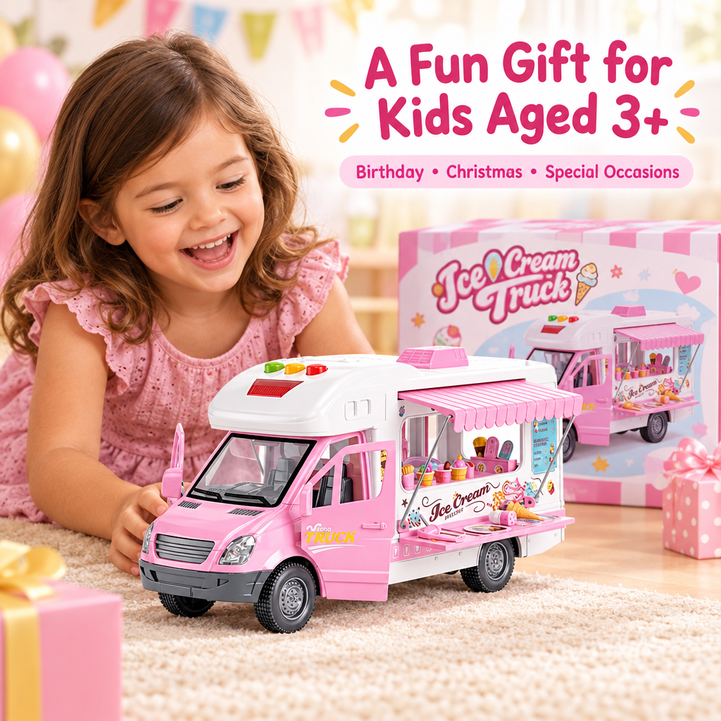 Pink ice cream van toy gift box and happy child for birthday Christmas and special occasions
