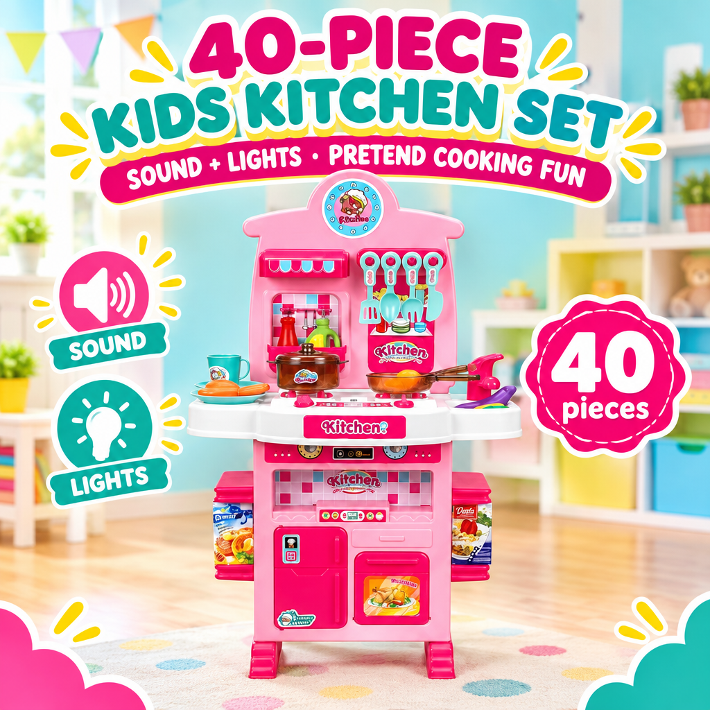 40-piece pink kids kitchen playset hero photo